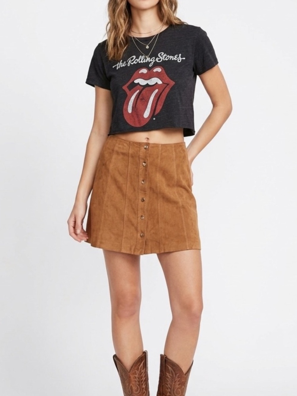Marciano Button-Front Faux Suede Mini Skirt in Camel - Size M